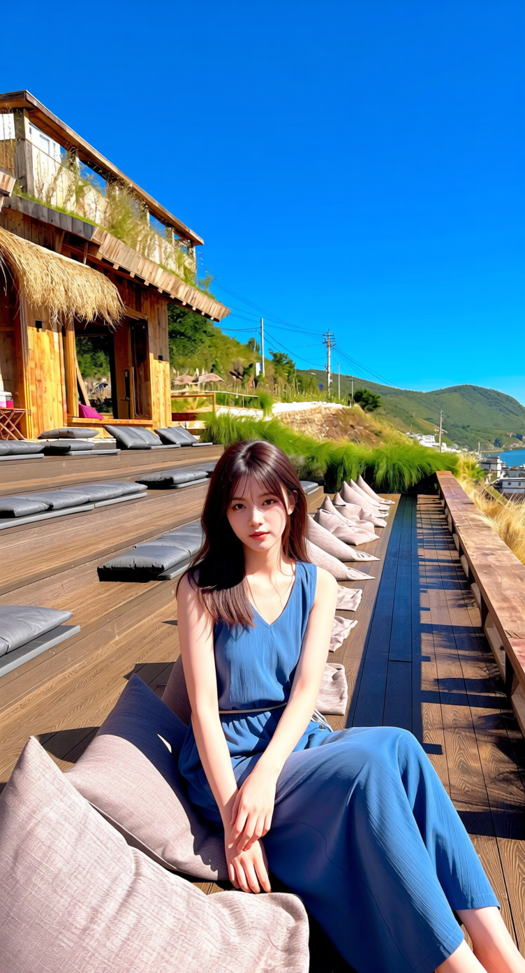 图1人物坐在图2背景的靠垫上并面向镜头